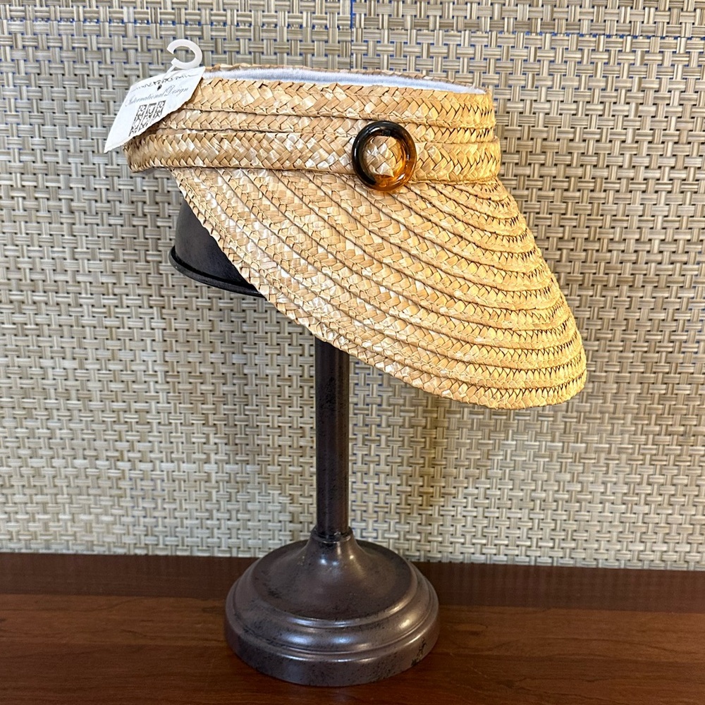 🌟HP🌟VTG Old Stock Straw Braid Sun Visor Faux Tortoiseshell Belt Buckle OSFM